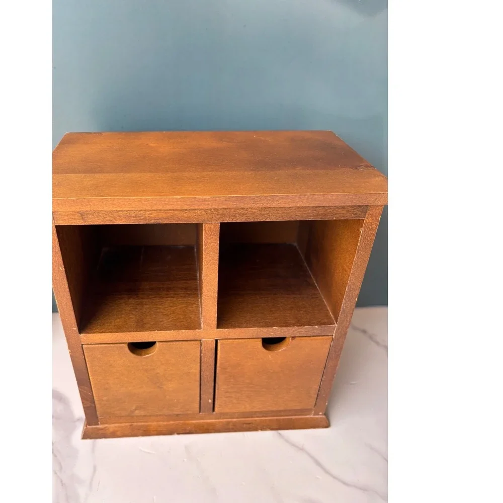 Wooden Desktop Organizer 2 Cubby 2 Drawer Brown Wood Storage Chest